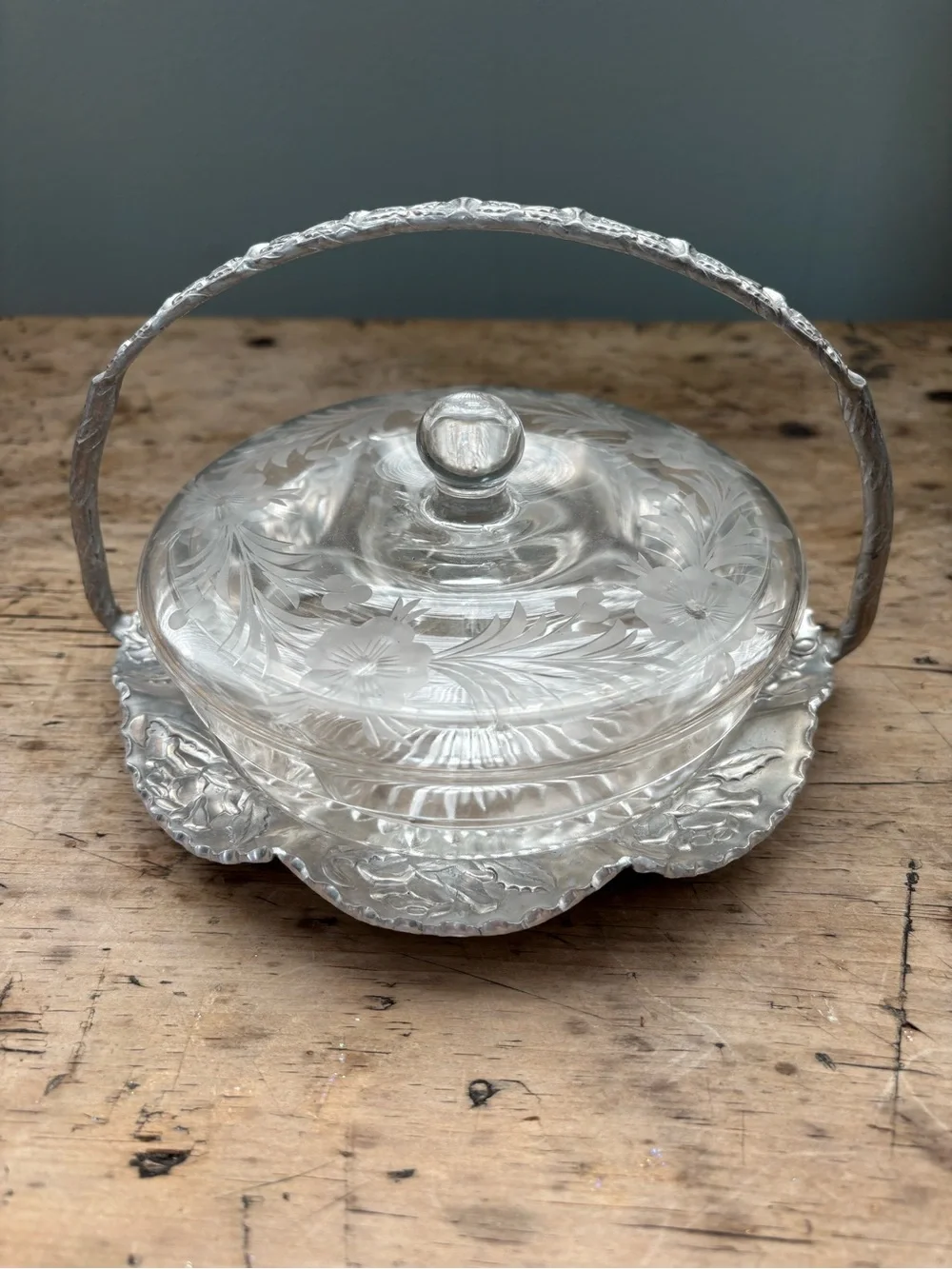Vintage Hand Wrought Aluminum Handled Basket w/ Clear Etched Glass Covered Dish